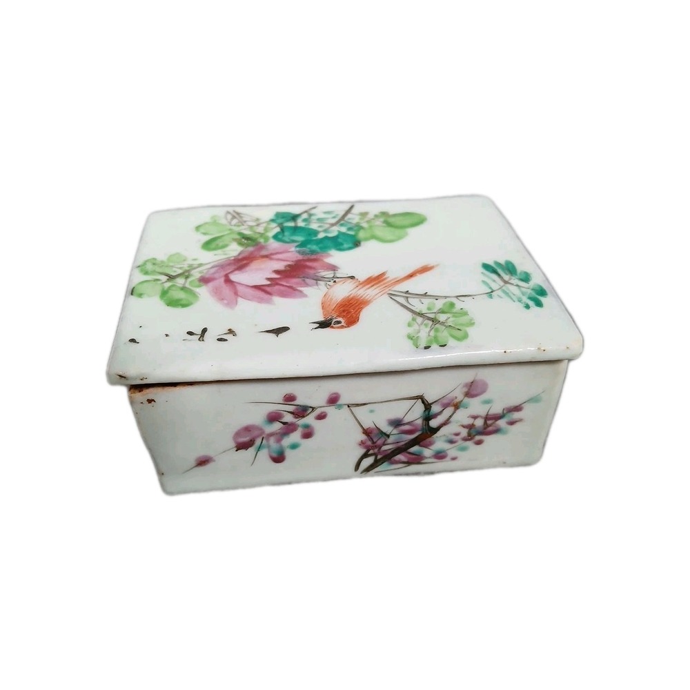 Vintage Old China Porcelain Trinket Box Bird Lotus Flowers "DAMAGED" - Picture 4 of 13